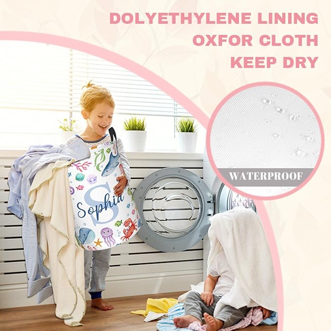 Custom Sea Animal Laundry Baskets, Personalized Ocean Themed Gifts with Customized Name, Collapsible Laundry Hamper for Kids Adults Home Decoration,16.5 X 13.8in