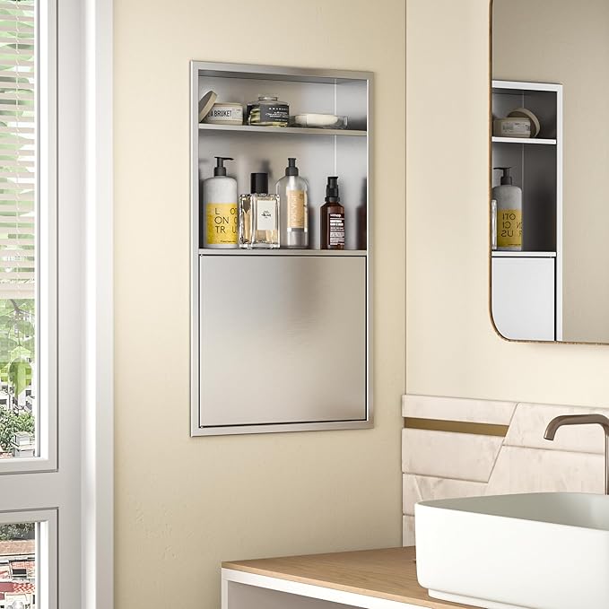 Recessed Medicine Cabinet with Door 24" X 14" Brushed Wall Medicine Cabinets with 3-Tier Shelf 304 Stainless Steel Niche Shower for Bathroom Storage