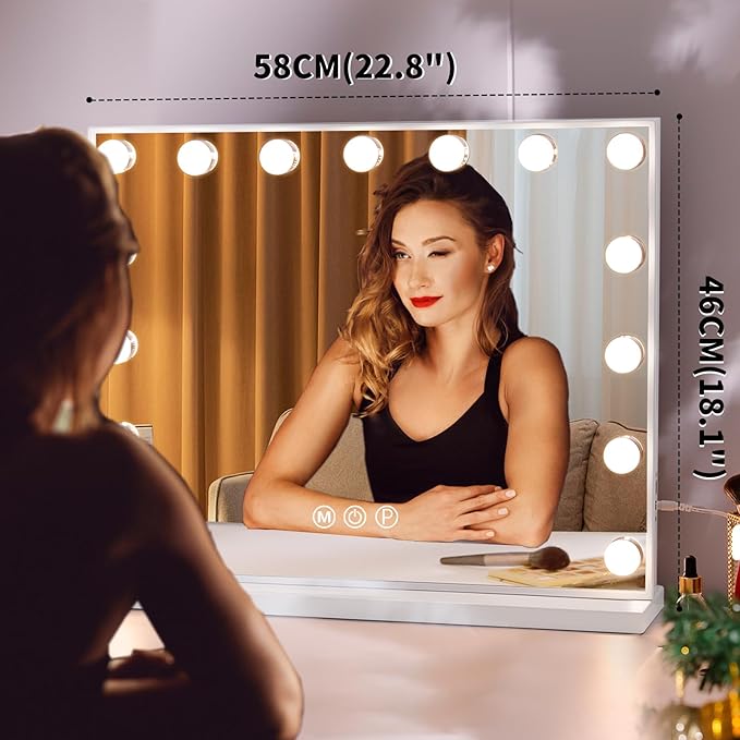 Hansong Vanity Mirror with Lights: Hollywood Lighted Makeup Mirror with 15 LED Bulbs, 22.8''x18'' Light Up Mirror with 3 Colors Modes for Desk, Large Mirrors with USB Charging Port for Bedroom, White