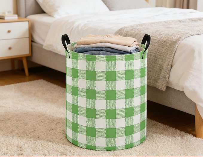 Kids Laundry Basket Grid Hamper for Nursery Green Hamper Cute Kids Storage Bin Organizer Room Decor for Home(Green Grid)