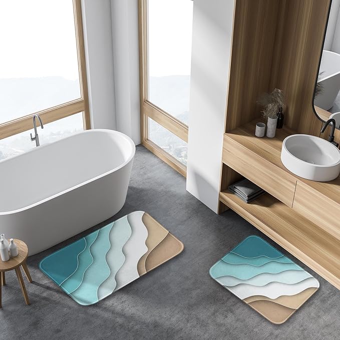 ArtSocket 3 Pcs Shower Curtain Set with Rugs, Abstract Summer Beach Bathroom Set with Non-Slip Rug Bath Mat and 12 Hooks 72x72 inches