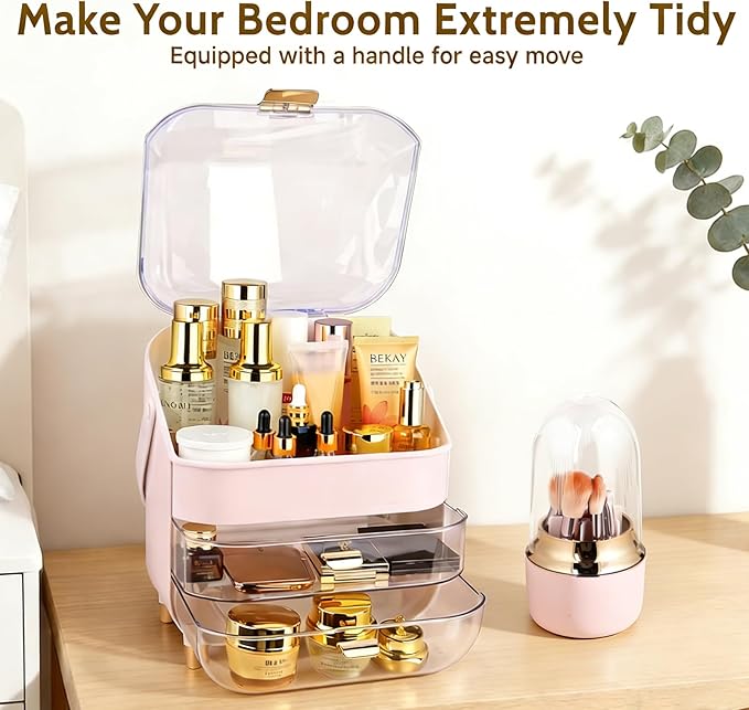 Makeup Organizer with Drawers,Cosmetic Display Case for Vanity,Skincare Organizer with 360 Rotating Brush Holder,Large Storage Box Dresser for Women Gifts, Bathroom Countertop,pink