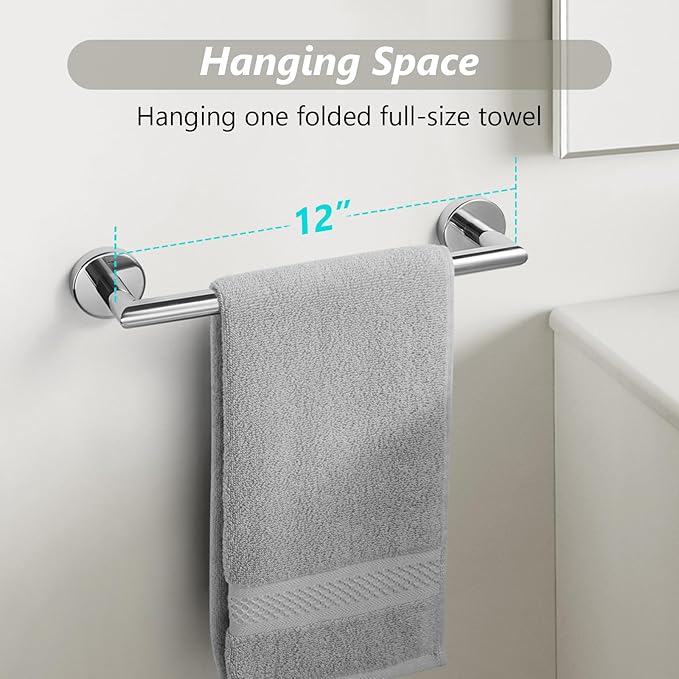 JunSun Bathroom Towel Bar 12 Inch Polished Chrome Towel Racks Wall Mount Bath Hand Towel Holder Modern Home Decor Towel Rod Bathroom Hardware Stainless Steel Towel Hangers Towel Rail Single Towel Bars