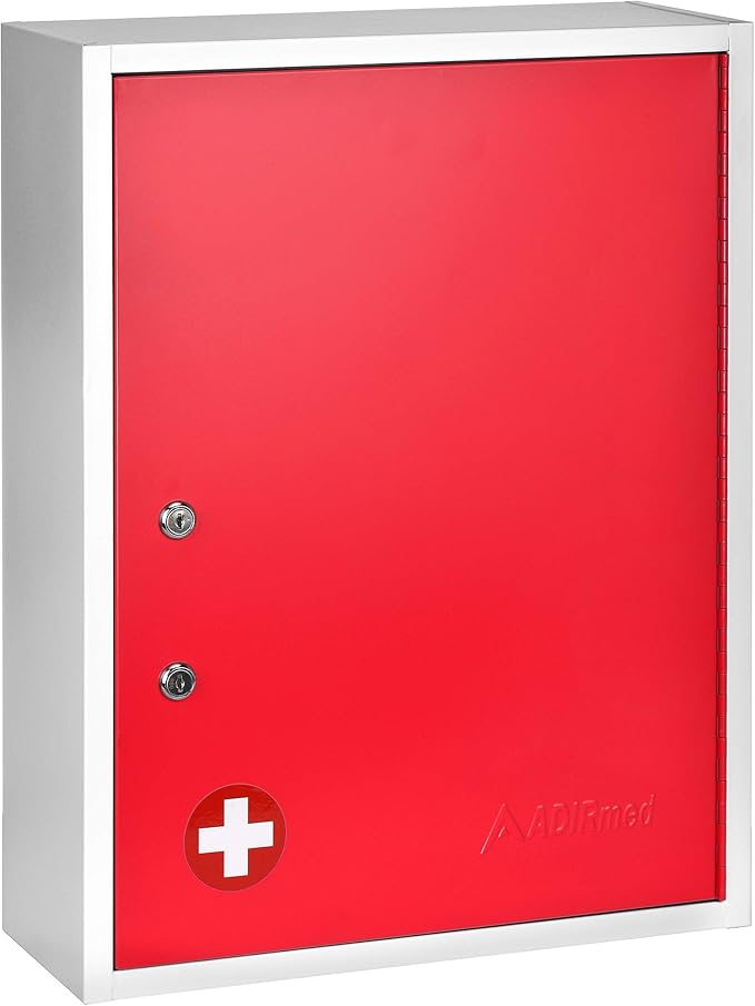 AdirMed Locking Medicine Cabinet Wall Mounted First Aid Cabinet with Lock, Lockable Wall Medicine Cabinet with Dual Lock and Dual Keys, 21" H x 16" W x 6" D, Red