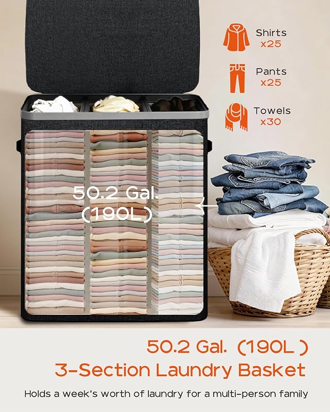 CASAMAYA Laundry Basket with Lid, Laundry Hamper 3 Section, 190L collapsible Laundry Organizer, Easy Assembly,with Handles and Removable Liners, 25.2 x 15.7 x 29.5 Inches, Black JSP904B