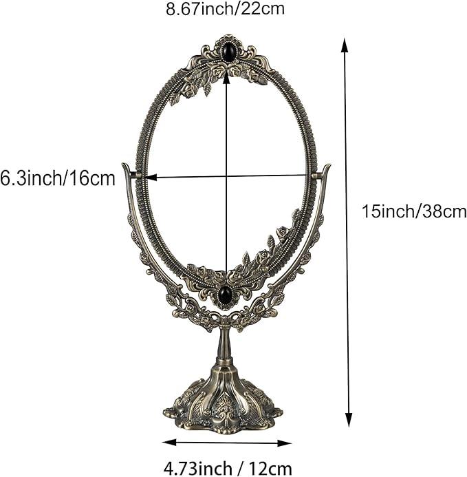 Feyarl 15 inch Vintage Makeup Mirror Floral Tabletop Oval Vanity Mirror with Stand Dressing Room Swivel Double Sided Elegant Decorative Mirror Embossed Frame
