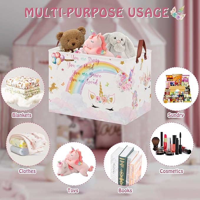 Unicorn Gift Bag Pink Kids Laundry Basket Rainbow Cloud Unicorn Nursery Decor Laundry Hamper ,Room Decor for Girls Bedroom, Rectangular Storage Box Cute Shelf Basket Clothes Book Toy Box Bin