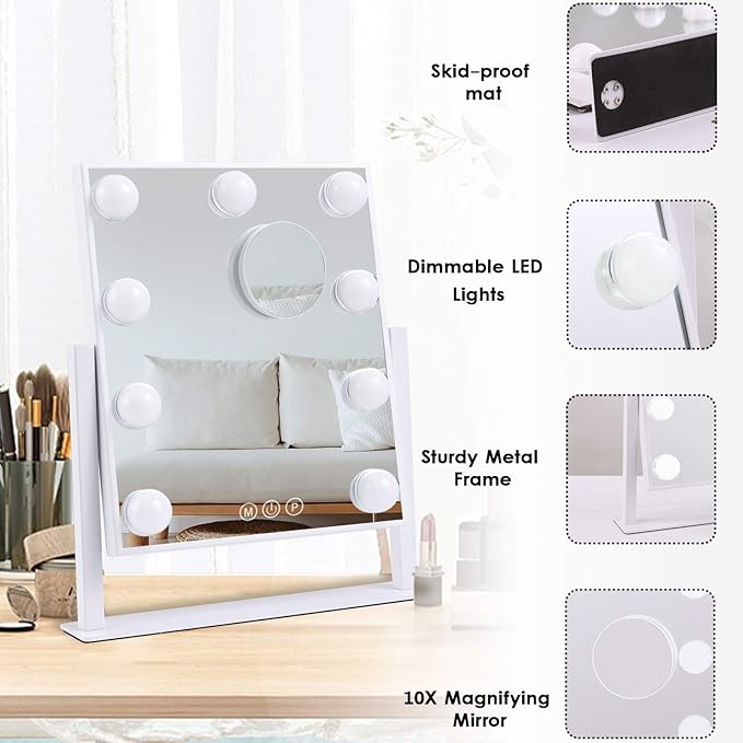 BWLLNI Lighted Makeup Mirror Hollywood Mirror Vanity Mirror with Lights, Touch Control Design 3 Colors Dimable LED Bulbs, Detachable 10X Magnification, 360°Rotation, (White) 12" L x 14" W