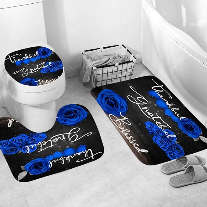 Onalasyc 4Pcs Blue Rose Shower Curtain Set with Rugs Waterproof Bathroom Sets with Shower Curtain and Rugs Romantic Rose Floral, Thankful Grateful Blessed Bathroom Curtains Shower Set,with 12 Hooks