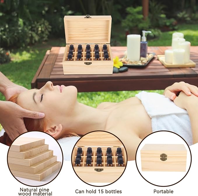Agatige Essential Oil Storage Box Case, 15 Slot Essential Oil Box Aromatherapy Bottle Case Pine Display Fragrance Container Essential Oil Holder Organizer for Beauty Center Home Use