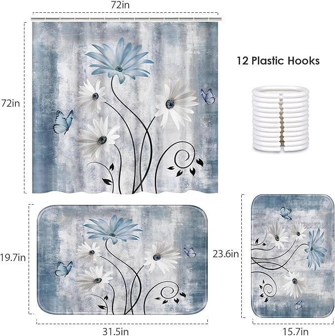 ArtSocket Daisy Flowers Butterfly Bathroom Set with Shower Curtain and Bath Rugs and Accessories,Abstract Blue Grey Non-Slip Shower Curtain Set,Bathroom Decor 3 Pcs