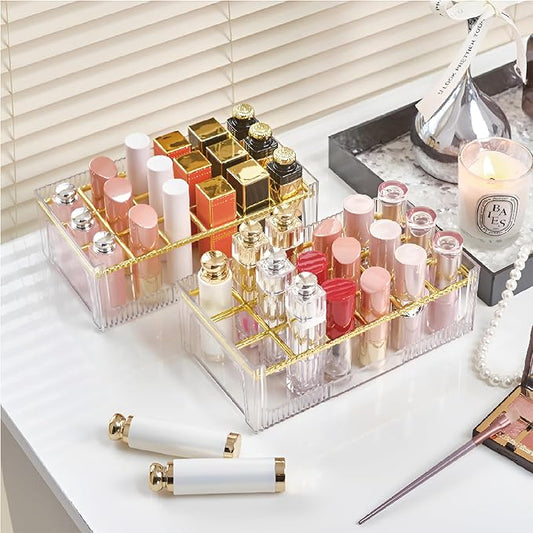 18 Grids Lipsticks Organizer, Clear Acrylic Lip Gloss Holder and Storage Display Case for chapstick, Lip Balm, Makeup (2 Pack)