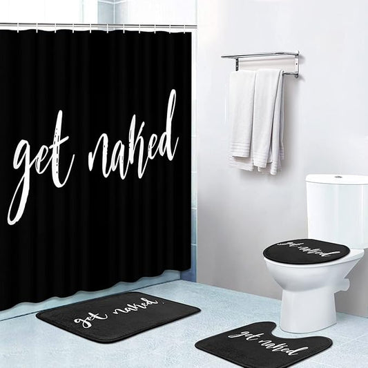 Britimes 4 Piece Shower Curtain Sets with 12 Hooks, Get Naked Black with Non-Slip Rugs, Toilet Lid Cover and Bath Mat for Bathroom Decor Set 72" x 72"