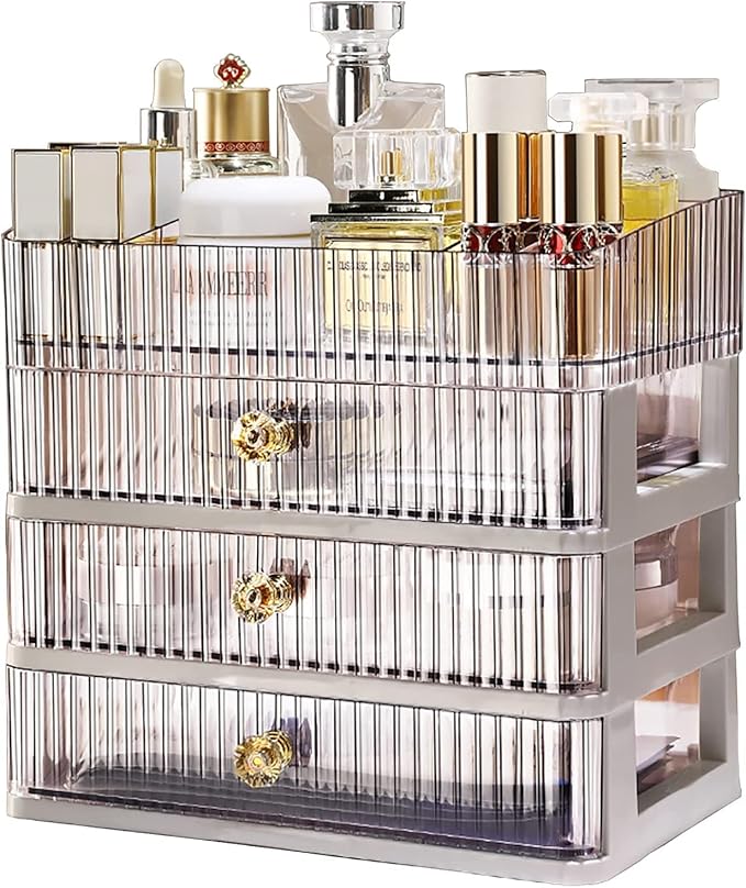 No band Makeup Organizer Cosmetic Storage Organizer for bathroom Vanity Countertop,Cosmetic Display Box Case with Drawers and Cover Waterproof Dust-proof (pink1)