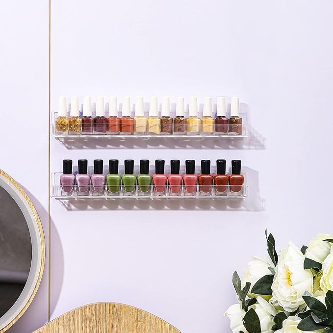 SuoXing 4 Pack 15 Inch Nail Polish Racks For The Wall,Holds Up to 48 Paint Bottles Acrylic Nail Polish Organizer and Wall Rack for Nail Salon
