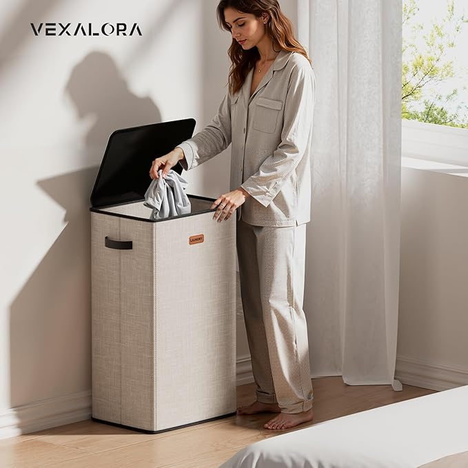 100L Laundry Hamper with Lid, Large Clothes Hampers with Removable Bag, Collapsible Laundry Basket for Bathroom, Bedroom, Laundry Room, Dorm, Beige