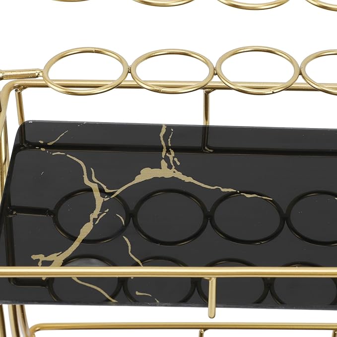 Double Layer Countertop Storage Rack, Bathroom Countertop Organizer with Electric Toothbrush Holder, Iron and Glass Counter Shelf for Toiletries and Cosmetics (Black Background Gold Grain)