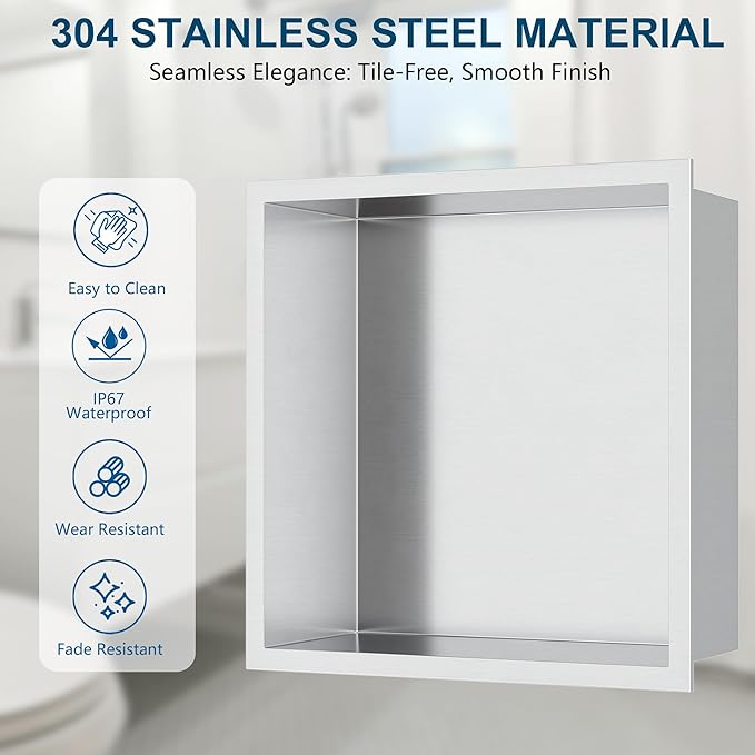 Neodrain Shower Niche, Insert Bathroom Storage Shower Shelf, Stainless Steel Recessed Wall Niche No Tiled Recessed Cabinet Waterproof for Shower Storage(Brushed,12"x12")