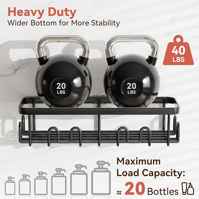 YASONIC Adhesive Shower Caddy, 2 Pack Black Shower Shelves for Inside Shower, Rustproof Shower Organizer with Soap and Toothbrush Holder, No Drilling Shower Storage for Bathroom/Kitchen