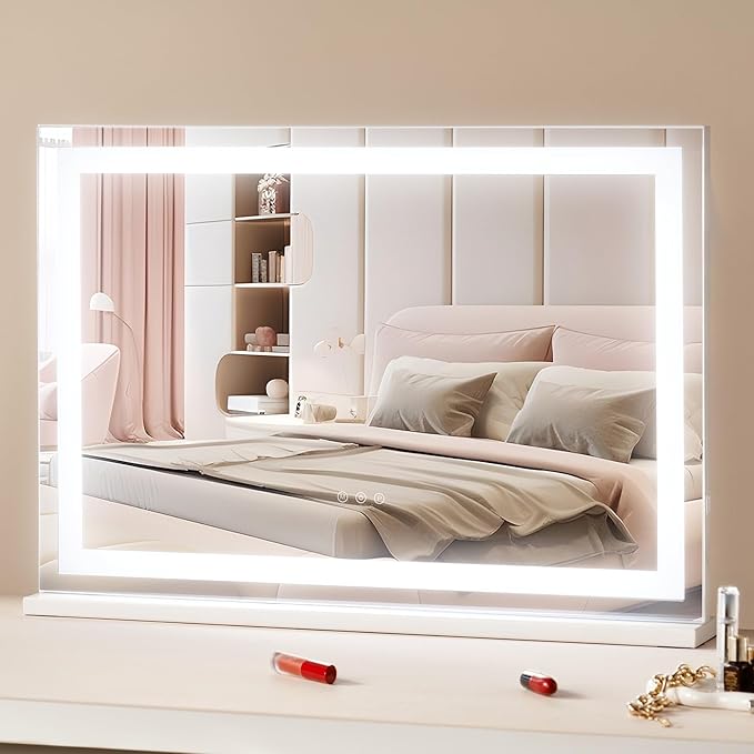 VEVOR Lighted Makeup Mirror, Three Color Lighting Modes Hollywood Vanity Mirror, Makeup LED Mirror w/Lights,5X Magnification,USB Port,Smart Touch Control,Desktop Wall-Mounted (31.5x21.7 in, White)