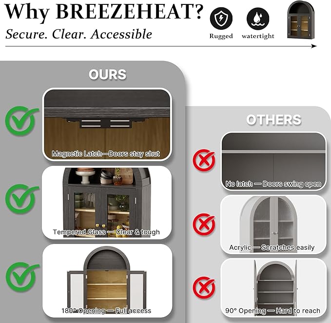 BREEZEHEAT Arched Medicine Cabinet with Glass Doors, Adjustable Shelf, Wall Mounted Bathroom Storage Cabinet Over Toilet, Black Wood Grain, 23.6''W × 31.5''H