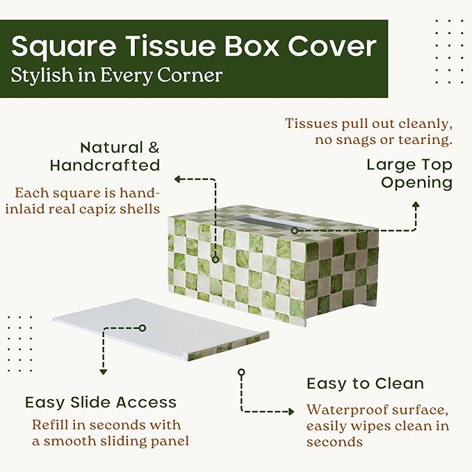CHI AN HOME Rectangle Checkered Tissue Box Cover Handmade with Capiz Shells, Decorative Tissue Box Holder for Living Room, Bathroom or Kitchen Counter (Pistachio Green)