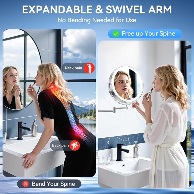 9'' 30X/1X Wall Mounted Lighted Makeup Mirror, 5000mAh Rechargeable Double-Sided Magnifying Mirror with Light, Bathroom Mirror Touch Dimmable 3 Colors 360° Rotation Extended Arm, Power Adapter