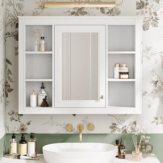 Merax 35''L Bathroom Medicine Storage Cabinet with Mirror Doors, Modern Wall Mount Toilet Toilet Organizers with 6 Open Shelves, White