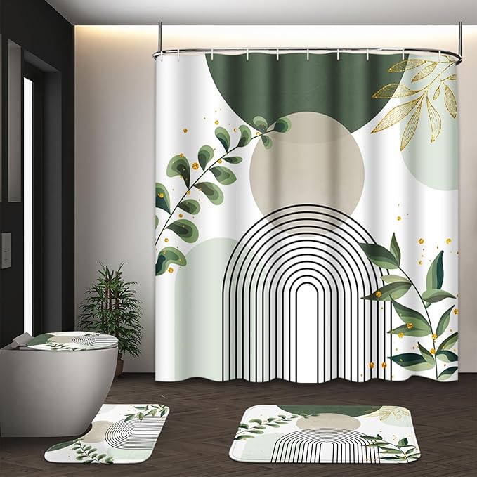 Boho Sage Green Mid Century Shower Curtain Set with Toilet Lid Cover and Non-Slip Rugs, Abstract Bohemian Gold Leaves Plant 4 Pcs Modern Minimalist Shower Curtain for Bathroom Set with 12 Hooks