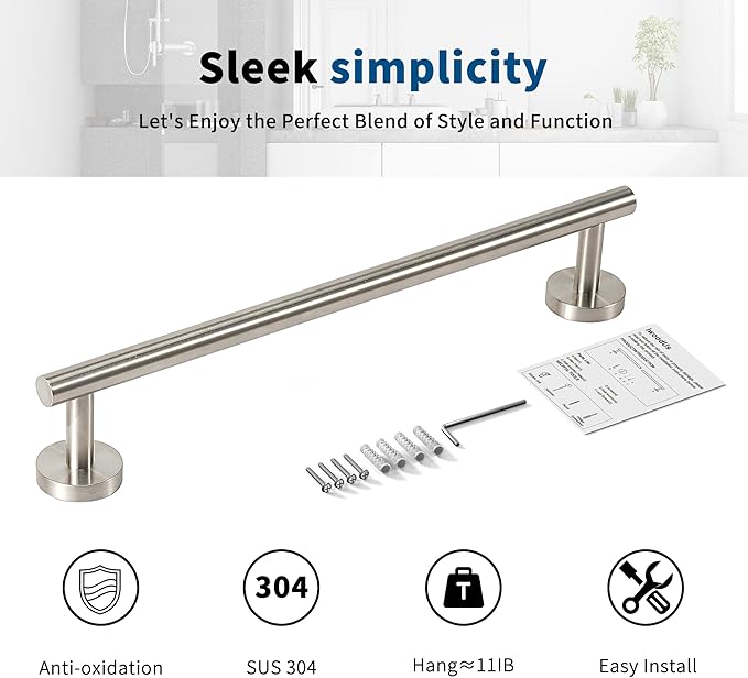 Brushed Nickel Towel Bar, 14 Inch Towel Racks for Bathroom Wall Mounted, Thicken SUS304 Stainless Steel Heavy Duty Hand Towel Holder Organizer, Bathroom Accessories, Total Length 16.5 Inch