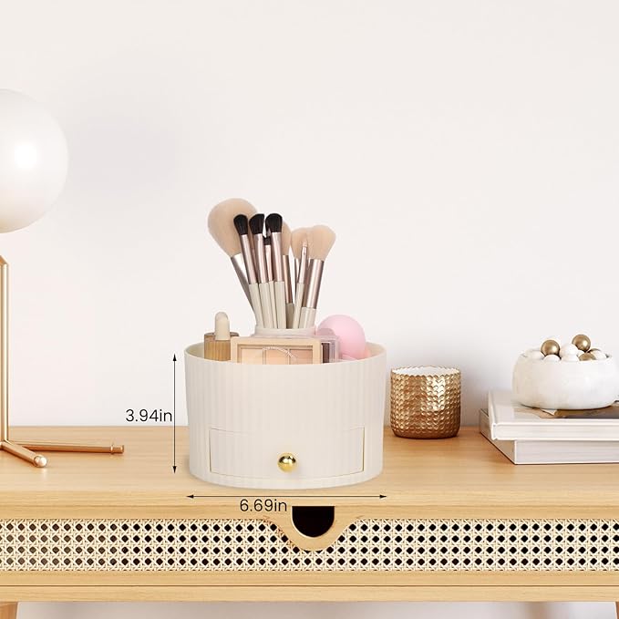 Makeup Brush Organizer Holder with 5 Slots and Drawer, Large Capacity Vanity Desktop Storage Stand for Cosmetics, Skincare Products - Nordic Style Bathroom Countertop Organizer