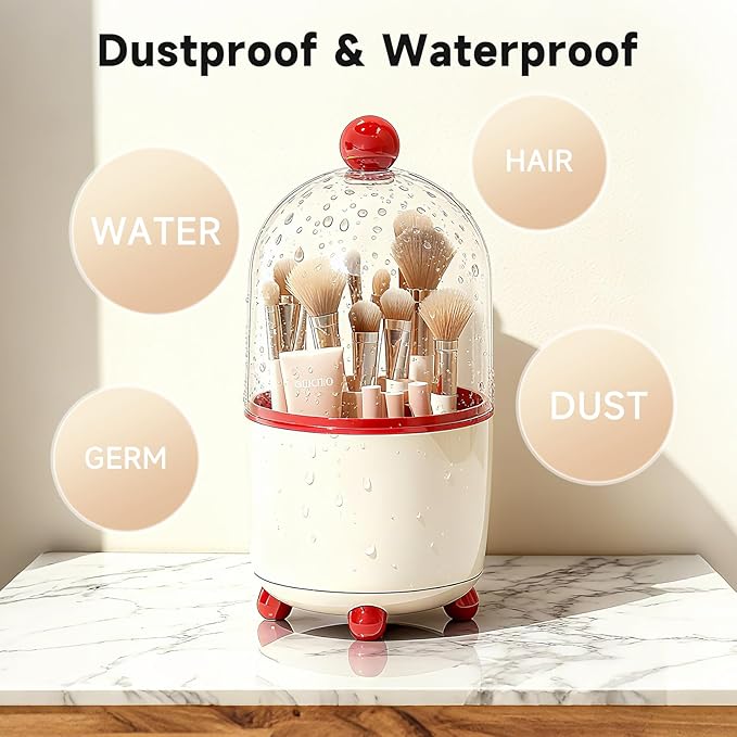 Makeup Brush Holder with Lid, Cosmetic Tools Organizer with Cover, 360?? Rotating Sliding Opening Dustproof Brushes Container for Vanity, Ideal Gift for Girlfriend Wife Friends (Red)