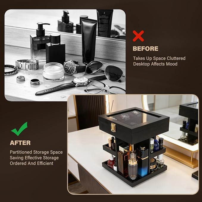 Cologne Organizer for Men 360 Rotating Wood Perfume Display Stand 3 Tier Large Capacity Mens Organizador de Perfumes for Bathroom Countertop Desk Organizers,Birthday Gifts for Men