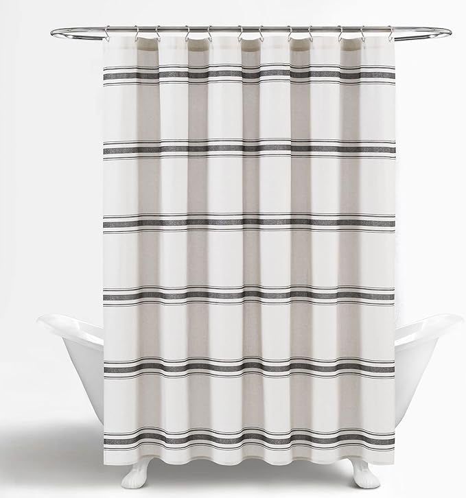 Lush Decor Farmhouse Stripe Cotton Shower Curtain, 72" W x 72" L, Black - Striped Bathroom Curtain - Fabric Shower Curtains - Farmhouse Bathroom Decor