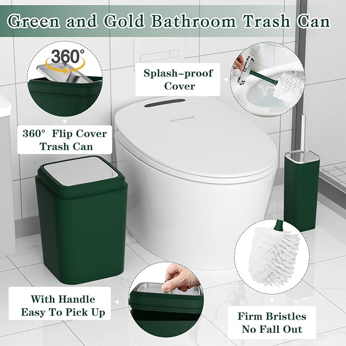XLHOMO Dark Green Bathroom Accessories Set with Shower Curtain and No-Slip Bath Rugs,24PC Bath Sets with Trash Can, Toothbrush Holder, Cup, Soap Dispenser, Tray, Soap Dish, Toilet Brush, Qtip Holders
