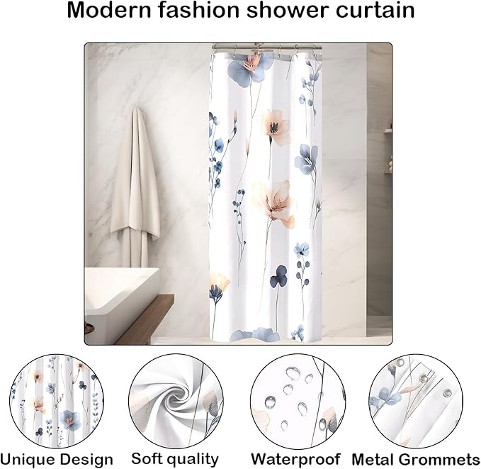Blue Beige Floral Shower Curtain, Watercolor Flower Shower Curtains for Bathroom, Modern Minimalist Waterproof Fabric Bath Decoration 36x72 Inch