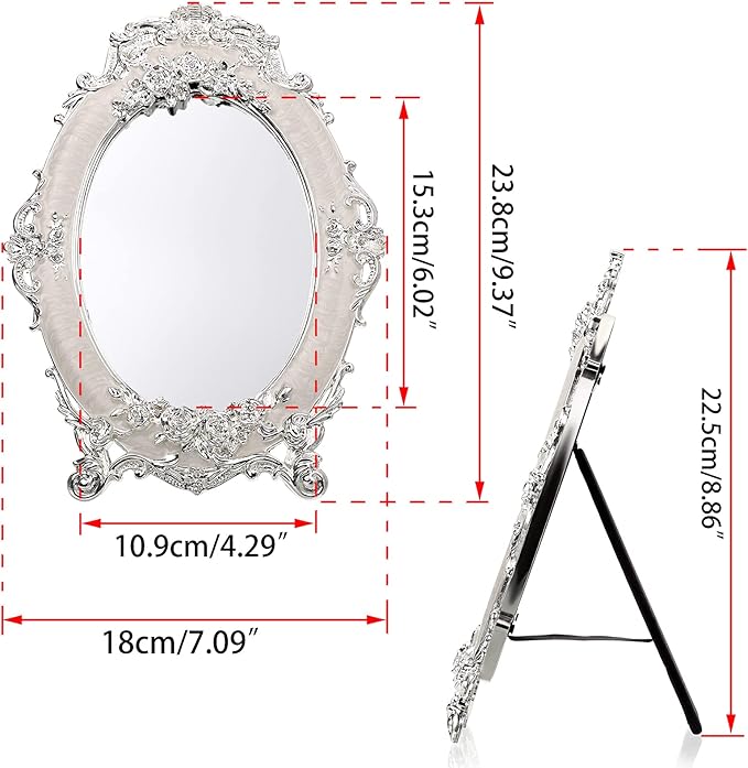 JUXYES Small Tabletop Dressing Mirror Vintage Metal Desktop Mirror with Stand, Antique Embossed Roses Countertop Makeup Mirror Retro Oval Cosmetic Decorative Mirrors for Table Centerpieces
