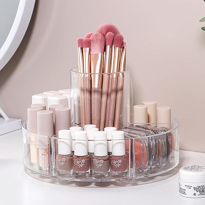 360° Rotating Makeup Organizer, Makeup Brush Holder, Lazy Susan Turntable Storage Tray with 6 Compartment as Cosmetic Display Case, Perfume Organizer and Bathroom Counter Organizer, Clear