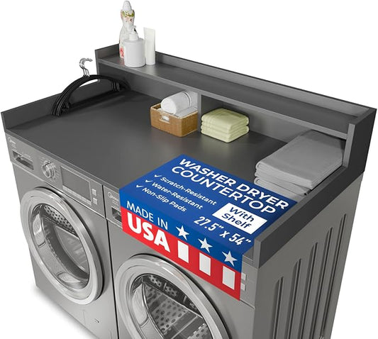 OfficeSimpli Washer Dryer Countertop with Shelf - 27.5 x 54 Inch - Made in USA Laundry Countertop Over Washer and Dryer with Non-Slip Pads, Storage Shelf, Laundry Topper Organizer, Grey