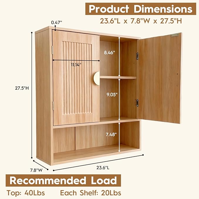Mazatzal Bathroom Medicine Cabinet, Modern Wall Storage Cabinet with Adjustable Wood Shelf & Grille Design Doors, Over The Toilet Storage Cabinets for Laundry Room, Kitchen, Living Room, Natural