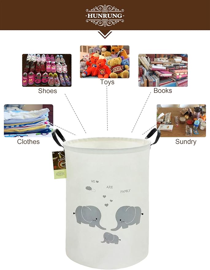 HUNRUNG Laundry Hamper,Large Canvas Fabric Lightweight Storage Basket Toy Organizer Dirty Clothes Collapsible Waterproof for College Dorms, Children Bedroom,Bathroom???Round-Family Elephants???