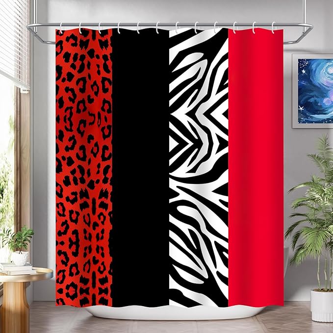 Onalasyc 4Pcs Red Leopard Shower Curtain with Rugs Set Waterproof Cheetah Print Bathroom Sets with Shower Curtain and Rugs Red Leopard Animal Print Bathroom Curtains Shower Set with 12 pcs Hooks