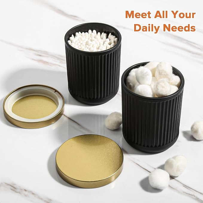 RYTOXILO Matte Black and Gold Bathroom Accessories Set, 4 Pack Glass Bath Accessory Sets Complete, Ribbed Soap Dispenser and Toothbrush Holder Set with 2 Qtip Holders, Modern Gold Bathroom Decor