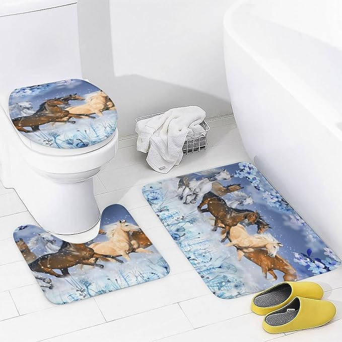 Beautiful Horses 4 Pcs Waterproof Shower Curtain Set,Realistic Modern Winter Forest Farm Animal Horse Blue Flowers with Waterproof Toilet Cover Shower Mat Rugs