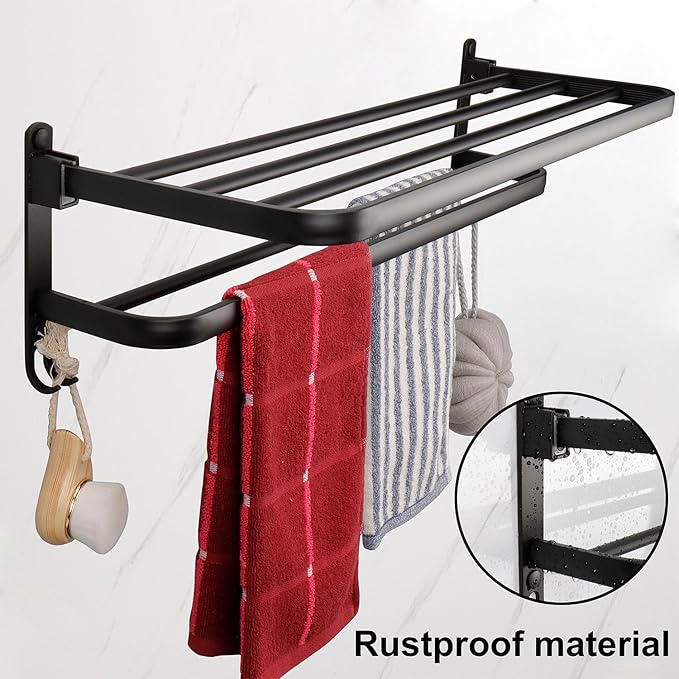 TocTen Towel Rack for Bathroom, Foldable Towel Holder with Double Towel Bars, Wall Mounted Premium Aluminum Bathroom Tower Shelf, Space-Saving Towel Hanger for Bathroom, Lavatory (Black,24 in)