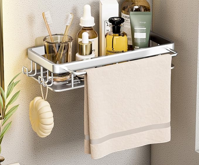 Shelf, Bathroom washbasin Storage, Single Layer Thickened Patch Square Basket - with Hook and Rod