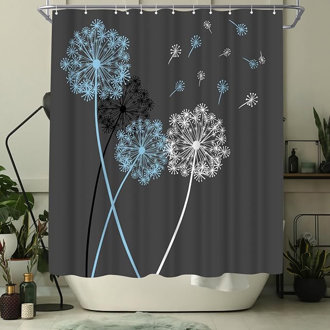 WELMECO Dandelion Shower Curtain Blue and Grey Grey Shower Curtain Bathroom Decor Polyester Fabric, 72x72inch
