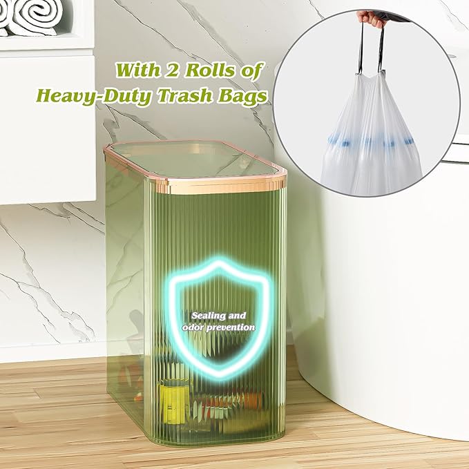Green Bathroom Accessories Set 8 Pcs, Trash Can with Bags, Glass Bathroom Set Include Soap Dispenser, Toothbrush Holder, Tumbler, Qtip Holder Set, Vintage Bathroom Sink Set, Cute Bathroom Decor