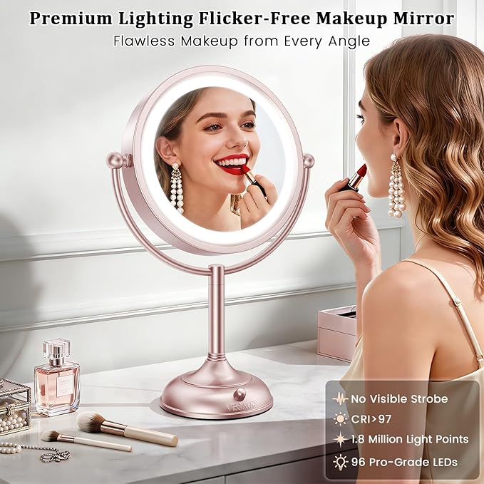 VESAUR Lighted Makeup Mirror Rose Gold Nickel, Double Sided 1X/10X HD Undistorted Magnifying Mirror, 8.5" Vanity Mirror with 3 Colors Dimmable 90 Bright LEDs, 360°Swivel Two Power Supply, Luxury Gifts