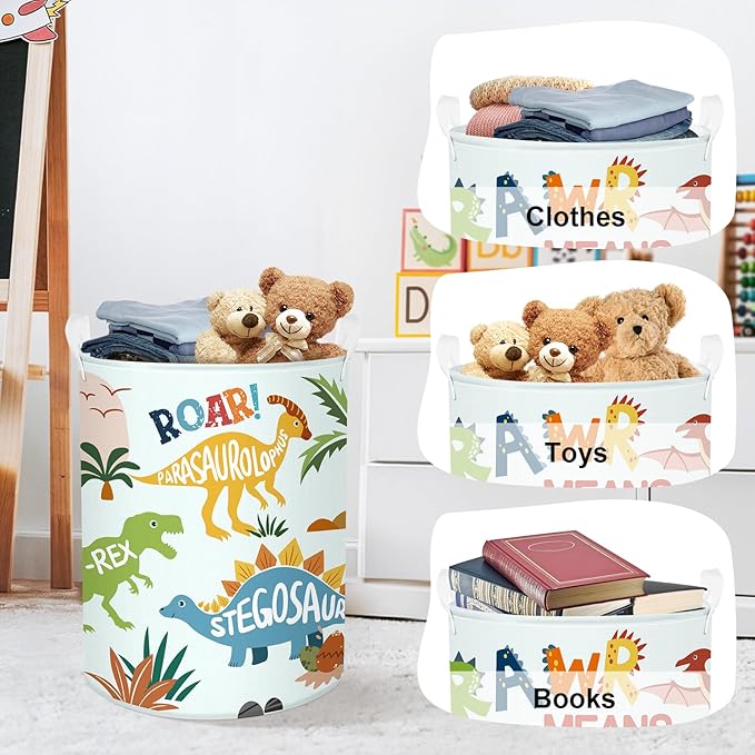 Dinosaur Laundry Hamper Large Storage Basket Cartoon Dino Collapsible Parents Organizer Kids Toy Clothes Bins for Bedroom, Bathroom, Boho Words, 63L